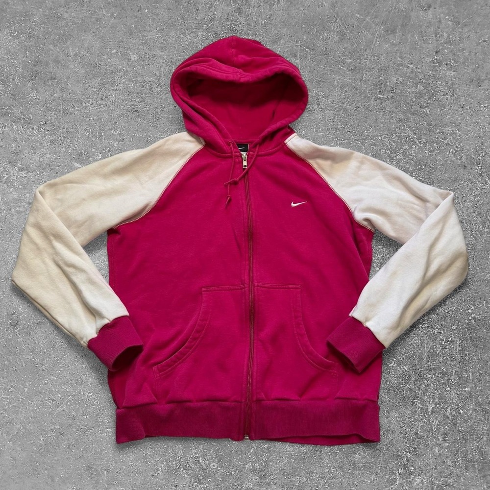 Nike Womens Zip Up Hoodie Pink White Raglan Athletic Sweatshirt Size L